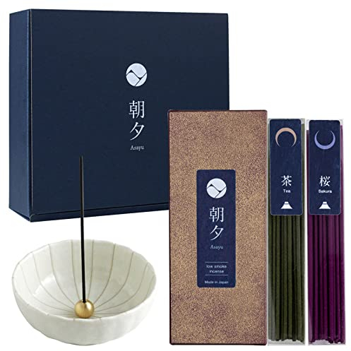 Asayu Japan Räucherstäbchen Geschenkset mit Lotus Räucherstäbchenhalter und Messingständer - Premium Japan Set (Sakura & Grüner Tee) Räucherstäbchen + Weißer Lotus Räucherstäbchenhalter