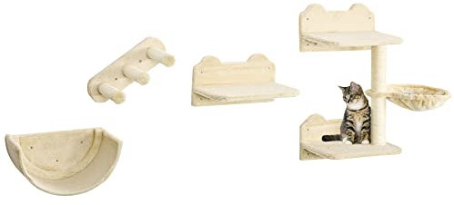 PawHut 4PCs Wall Mounted Cat Tree Cat Wall Shelves Furniture Climbing Shelf Set Kitten Activity Centre with Hammock, Scratching Post - Beige