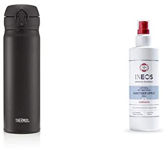 Thermos Super Light Direct Drink Flask, 470 ml, Matt Black & Hospital Grade Sanitiser Spray for Surfaces by INEOS Hygienics . Made with 75% pharma Grade Alcohol, 250ml