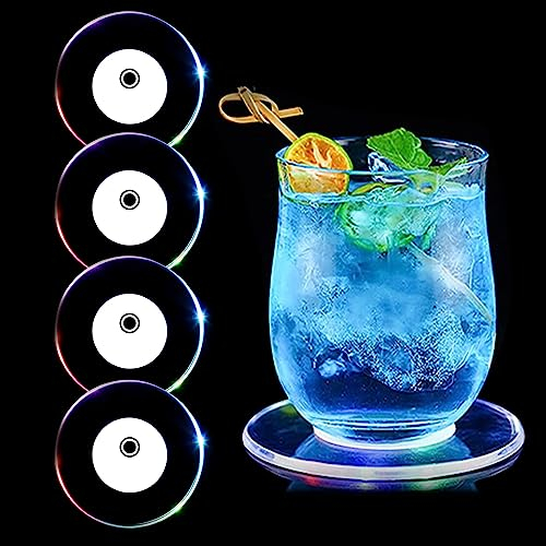 Aoreun 4 Stück Bunt LED Untersetzer, ON/Off Taste Getränke Untersetzer und Wasserdicht Acryl-Rund Untersetzern ür Gläser Flaschen Partys Hochzeiten Bar Weihnachten