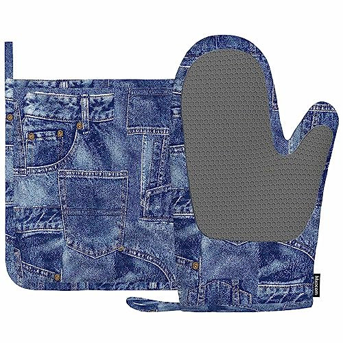 Mxocom Ofenhandschuhe und Topflappen, Denim-Patchwork-Textur, Silikon, Grillhandschuhe für Küche, Kochen, Backen, Grillen
