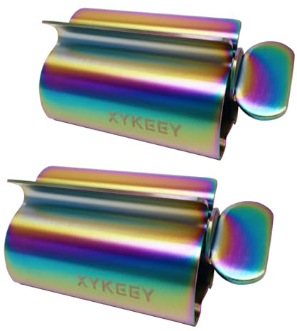 XYKEEY Zahnpastatubenquetscher – Set mit 2 Zahnpasta-Quetschrollen, Metallzahnpastatube, Auswringer, Sitzhalter, Ständer (irisierend)