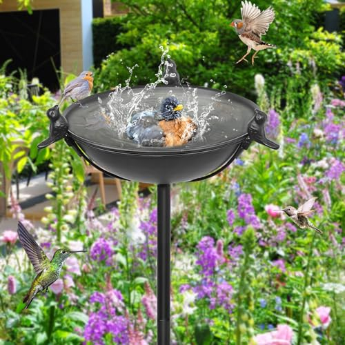 MeyRolizn Vogeltränke mit Spatzen zum Stecken, Vogelbad Vogelbecken Wassertränke Tränke Wasserschale Stecker Braun Eisen, Vogeltränke stehend, Vogeltränke Garten auf Stab - Höhe 120cm (Schwarz)