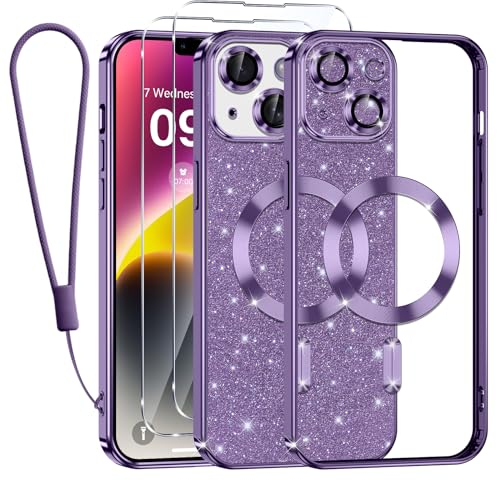 Kokio für iPhone 14 Plus Hülle Mit Glitzer Karte,[Kompatibel mit MagSafe],Mit 2*Schutzfolie und 1*Handykette,Kamera Objektivschutz,iPhone 14 Plus 6.7 Flash Handyhülle für Frauen Mädchen,Lila