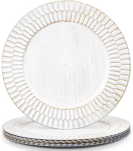 Kazozobi 13 White Chargers for Dinner Plates, Decorative Charger Plates, Plastic Charger & Service Plate 6 Pack Table Setting Bulk Wedding, Thanksgiving, Festival