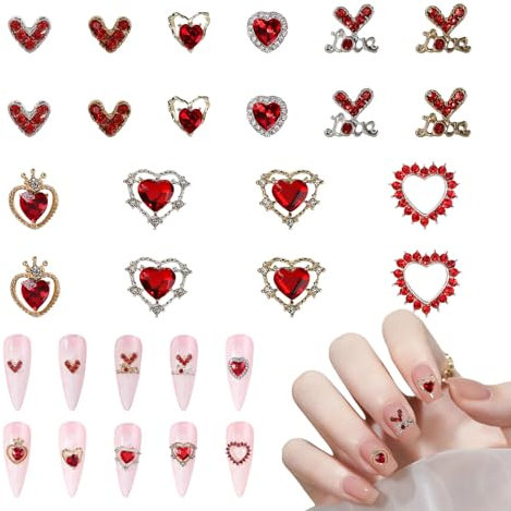 Heart Nail Charms,20PCS Red Heart Nail Rhinestones Gems,Shiny Love Crystal Charms for Women Girls Valentine's Day Nail Art Decoration Supplies (Red)