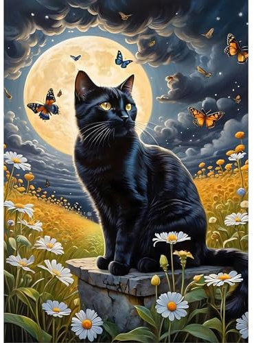 DOMROM Katze Diamond Painting Kits für Erwachsene, 5D Mond Diamant Painting, Schmetterling Blumen Diamond Art Kits Full Drill Gem Digitales Diamant Gemälde Stickerei für Gift Home Decoration 30x40cm
