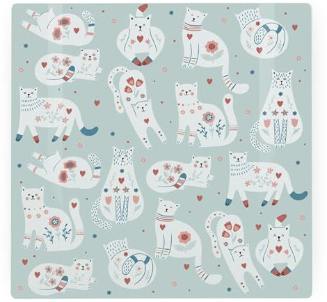 Floral Cats Large Square Glass Worktop Protector - Botanical Gifts for Cat/Kitten Owners - Smooth Board Kitchen Chopping/Cutting Board Worktop Saver with Non-Slip Feet 30cm x 30cm (12 x 12)