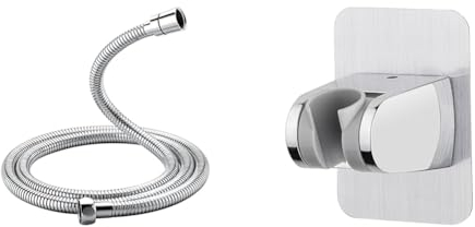 Ibergrif M20109-17 Manguera de Ducha Universal, Flexo de Ducha de 1,7M, Acero Inoxidable, Plata & M20405 Soporte de Ducha Adhesivo, Sin Necesidad de Taladrar, Fuerza Súper Adhesiva