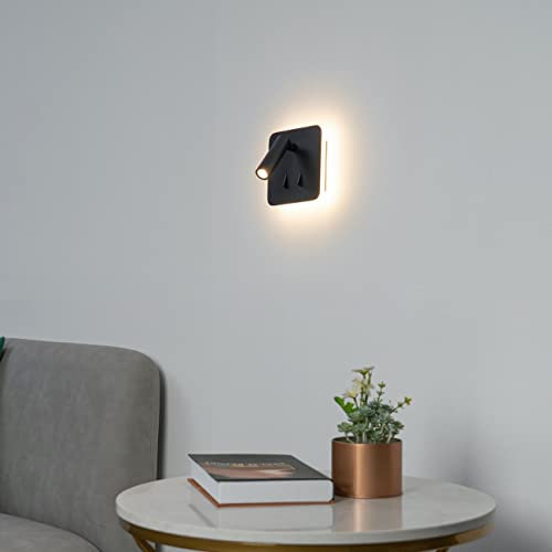 KOSILUM - Liseuse carrée noire double lumière LED multifonctionnelle - Bilbao - Lumière Blanc Chaud Eclairage Salon Chambre Cuisine Couloir - 3W + 6W - 500 lm + 180 lm - LED intégrée - IP20