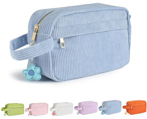 Fycyko Trousse de toilette pour homme et femme - Trousse de toilette portable en velours côtelé - Trousse de maquillage avec poignée - Pour salle de bain, rasage, douche, salle de bain, bleu, Trousse