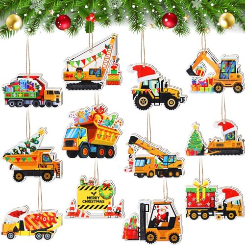 Bucherry 24 Stück Bau-Weihnachtsschmuck, LKW-Ornamente, Holzbagger, Weihnachtsschmuck mit Seil-LKW, hängende Holzschilder für Weihnachtsbaum, Zuhause, Weihnachtsdekoration