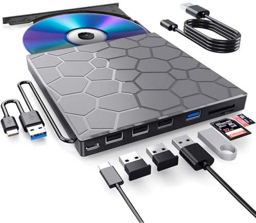 External CD/DVD Drive for Laptop, DVD Player for Laptop, 8 in 1 USB 3.0 Ultra-Slim Portable, CD Burner External Disk Drive Optical Compatible with Desktop Mac,Windows 11/10/8/7 Linux