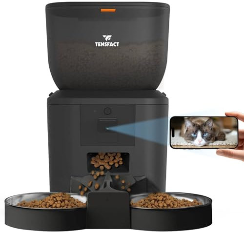 Tensfact Distributeur Automatique de Nourriture pour Chat – Mangeoire avec Caméra Full HD – Gamelle pour Chat – Noir