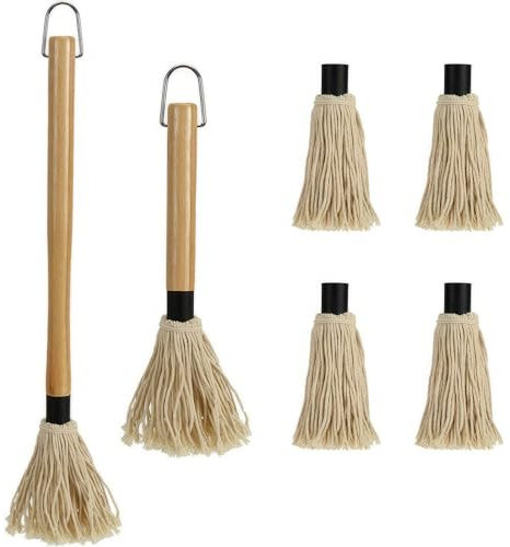 GEEKHOM Grill Basting Mop, Grilling Basting Mops Brushes with Long Wood Handle and Replacement Heads BBQ Sauce Brush for Barbecue Baking Smoking Roasting Steak Cooking, 18+14inch