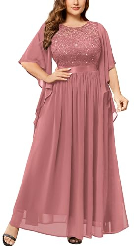 MISSMAY Women's Plus Size Elegant Butterfly Sleeve Chiffon Sequin Lace Bodice Evening Party Long Dress (1XL, Pink)