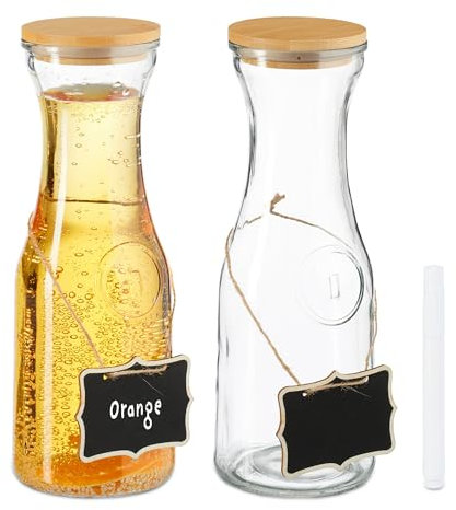Relaxdays Wasserkaraffe, 2er Set, 1 Liter, Glaskaraffe mit Bambusdeckel, zum Beschriften, Wasserkanne, transparent/Natur