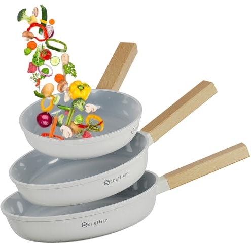 Scheffler Pfannenset 20/24/28cm, Bratpfanne mit Antihaft-Beschichtung, Induktion, Gas, Elektro, Keramik, Halogen, Aluminium, Holzgriff, Weiß-2