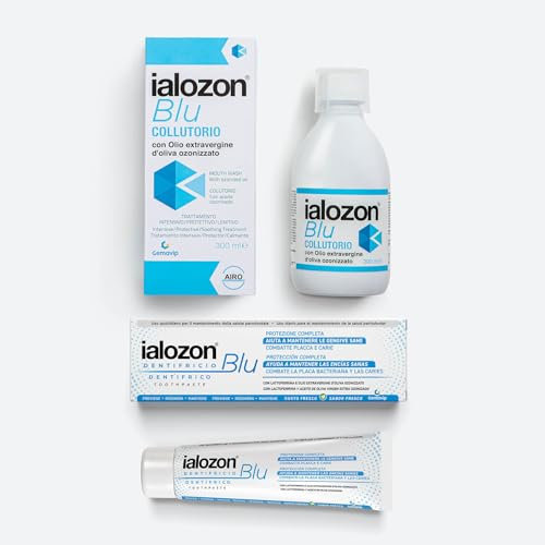 Gemavip Ialozon Blu Set Dentale, Collutorio 300ml con Olio d'Oliva Ozonizzato, Ialozon Dentifricio blu 100 ml per Protezione Completa