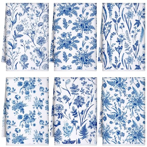 Boyiee Set di 6 asciugamani da cucina vintage con fiori blu e bianchi, strofinacci assorbenti retrò floreali, set decorativo 61 x 40,6 cm, per casa colonica, cucina, bagno, regalo di inaugurazione
