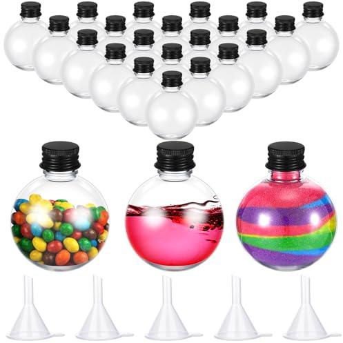 Layhit 24 Pcs Plastic Potion Bottles Round 3.4 Oz,Black,Aluminum Lid | Ball Shape Clear Containers, Candy Jar DIY Sand Art Crafts, Party Favors Decorations, Includes 5 Funnels for Easy Filling