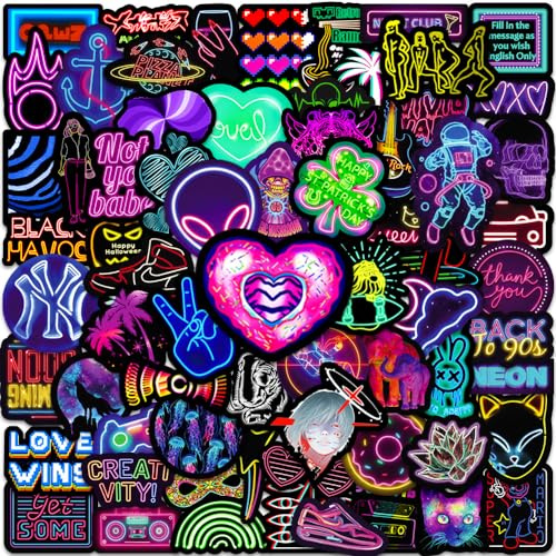 Lot de 100 autocollants néon - Motifs rétro et club - Autocollants en vinyle colorés avec couleurs vives pour ordinateur portable, fête et bricolage - Avec Happy Halloween, Back to 90s, pizzas