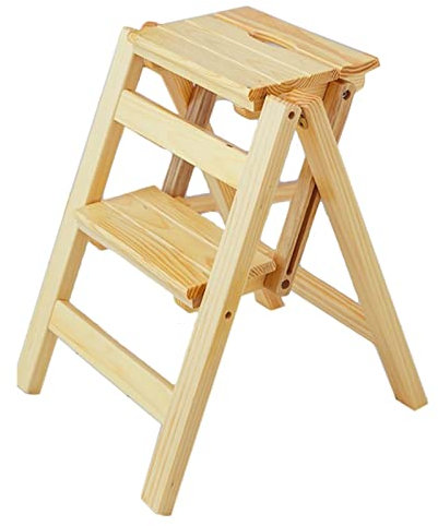 Tragbarer 2-stufiger Klapphocker für Home Office & Warehouse – Holzleiter Stuhl mit Unterstützung & mobilem Regal, leichtes & platzsparendes Design für einfache Lagerung