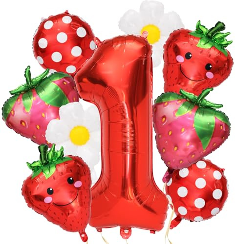 9stk Erdbeer Party Luftballon Set, Süße Dekorationen zum 1 Geburtstag Erdbeer Beeren Gänseblümchen Folienballon Girlande für die Erste Geburtstagsparty Hintergrund Foto-Requisiten Babyparty