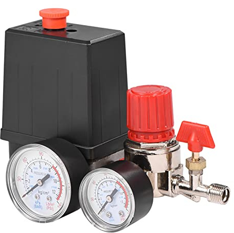 Walfront Small Air Compressor Pressure Switch Control Valve Pressure Regulator with Pressure Gauges Fittings Set 0.05-1.2Mpa 2-G1/4