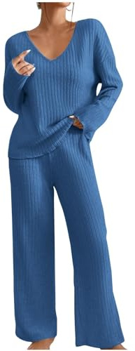 NZYIHAO Hausanzug Damen Weich Rippstrick Schlafen Gerippt Lounge Set | Winter Strick Loungewear Set Elegant Einfarbig Jogginganzug Zweiteiler Strickanzug V-Ausschnitt Homewear + Weite Hosen