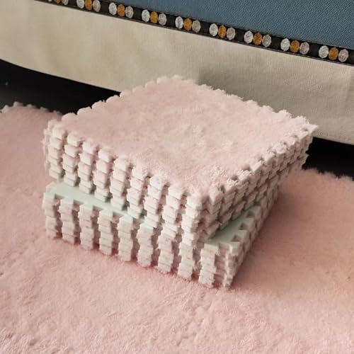 JNTFNE Plüsch-Schaumstoff-Bodenmatte, DIY-Puzzle-Teppich, 30 x 30 x 1 cm, weiche Spielmatten, Schlafzimmer-Krabbelmatten, rutschfest, ineinandergreifender Teppich, Teppich (30 Stück, Rosa)