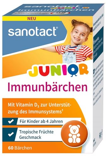 sanotact Junior Immunbärchen – Vitamine für Jungen & Mädchen ab 4 Jahren – Vitamin D3, Vitamin C & Zink zur Unterstützung des Immunsystems* – Tropischer Früchte Geschmack – 60 Bärchen