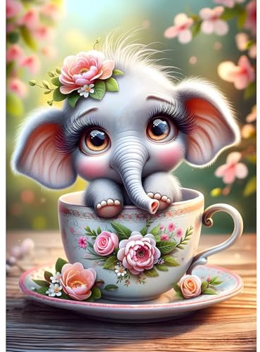 DPHERO DIY Fantasie Elefant Diamant Painting Kits Bilder für Erwachsene Anfänger,5D Tasse Diamond Painting Set,DIY Runde Steine Diamant Kunst Kits,Blumen Diamond Art für Zuhause Dekor 30x40 cm