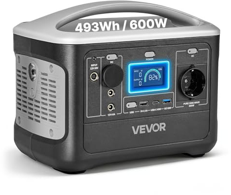 VEVOR Centrale Elettrica Portatile da Esterno Generatore da 600 W Batteria Backup LiFePO4 da 493 Wh con 7 Porte di Uscita per Emergenza, Generatore Solare per Campeggio Viaggio, Senza Pannello Solare