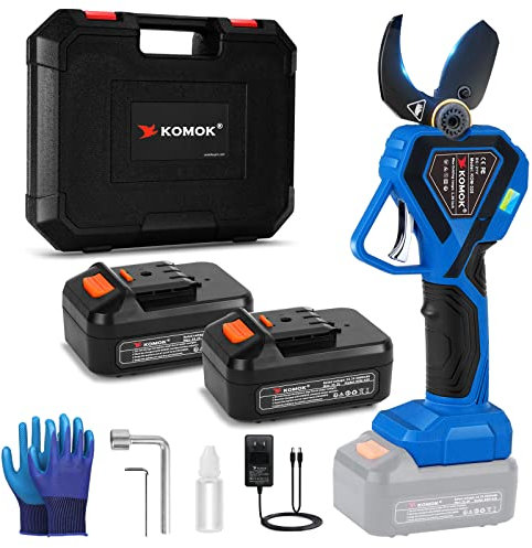 KOMOK Forbici Potatura Elettriche 32 mm, 2 batterie ricaricabili da 21 V, Forbici Elettriche per Potatura Giardinaggio con Rivestimento DLC/Motore senza spazzole da 800W/8-10 ore di autonomia - Blu
