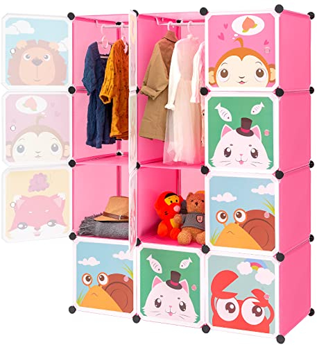 BRIAN & DANY Erweiterbares Kinderregal Kinder Kleiderschrank Stufenregal Bücherregal mit Türen & 2 Aufhängern, tiefere Fächer als normal (45 cm vs. 35 cm), 110 x 47 x 147 cm Rosa