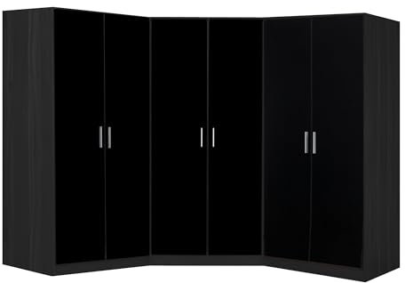 Reflect 3 Piece Bedroom Furniture Bundle - 2 Door CORNER + 2xDouble PLAIN Wardrobes (H: 180cm x W: 179cm x D: 179cm) (Black Gloss/Black Oak)