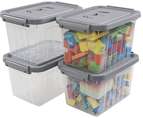 Dynko 4 Pack 6 Liter Plastic Storage Boxes with Lids, Clear Stackable Storage Box Container