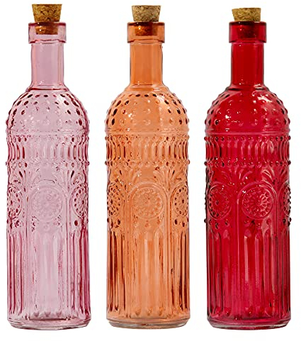 Vintage Vase Decorative Glass Vases, Embossed Colored Glass Bottles,Large Wine Bottle Size,Set of 3 with Cork Lid-Flower Bud Vases, Garden Decor, Suncatchers,Bottle Trees(Warm)