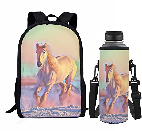 Jndtueit Funny Cats - Juego de bolsa escolar para adolescentes y niñas con portador de botellas de agua, 2 piezas, Caballo Animal, Taille unique