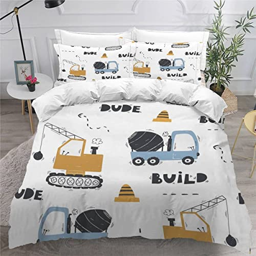 Lavnox Cartoon-Stil Kinderbettwäsche 135x200 3teilig für Jungen Mädchen LKW Bagger 3D Druck Bettbezug mit Reißverschluss Sommer Weiche Mikrofaser Bettwäsche Set mit 2 Kissenbezüge 80x80 cm