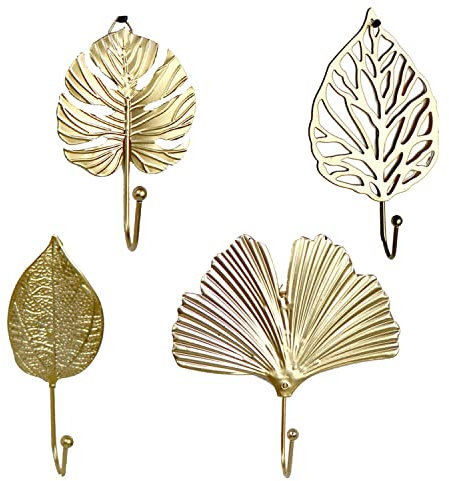 zalati Lot de 4 mini supports muraux en métal avec style feuille pour vêtements, sac à main, écharpe, clés - Doré