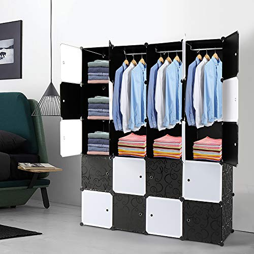 LEADZM Regalsystem, 20 Würfel, Kunststoff-Kleiderschrank mit Türen, Modulares Schranksystem zur platzsparenden Aufbewahrung, 140 x 45 x 175 cm, Schwarz-Weiß Tür