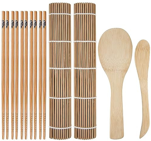 porffitoy Sushi Mat, Bamboo Sushi Rolling Mat, Including 2 Sushi Rolling Mats, 5 Pairs Of Chopsticks, 1 Paddle, 1 Spreader, Beginner Sushi Kit