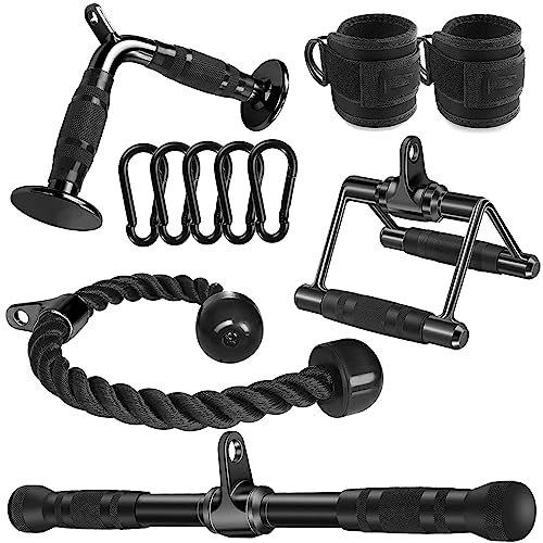Triceps Pull Down Attachment,Cable Machine Accessories for Home Gym，LAT Pull Down Attachment Weight Fitness，Tricep Rope，V-Shaped Bar，Rotating Straight Bar，V-Double D Handle，Ankle Straps，Snap Hooks