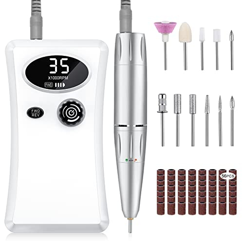 Urbuti Ponceuse pour Ongles Professionnelle Electrique, 35000 RPM Portable Rechargeable Lime à Ongle avec 11 Embouts et Affichage LCD, Vitesse Réglable Puissante pour Manucure et Pédicure (Blanc)