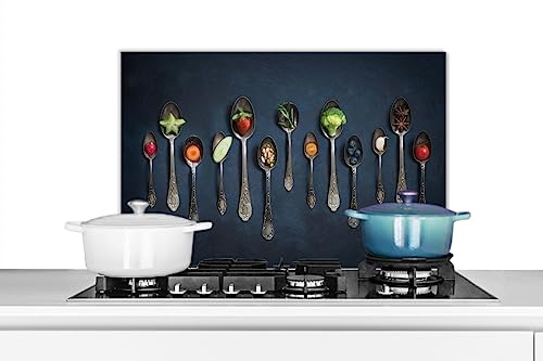 KitchenYeah© Küchenrückwand Platte Spritzschutz Küche Deko Aluminium Platte Spritzschutz Herd Alternative für Selbstklebende FolieGewürze - Löffel - Silber - Gewürz - Industrial - 60x40 cm