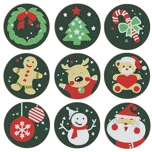 YAOYIN Diamond Painting Untersetzer Weihnachten, 9er Set DIY Erwachsene Mit Halter, 5D Kinder, Bastelset, Für Weihnachts Geschenk