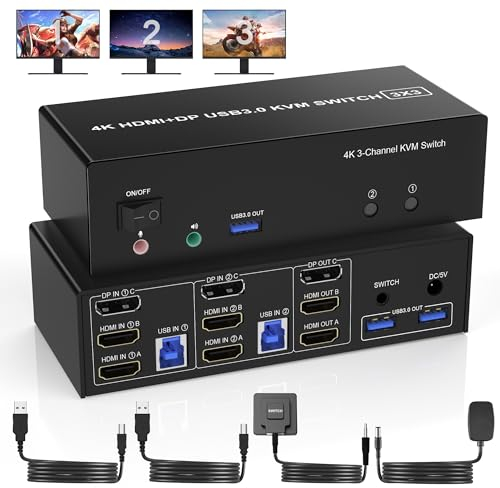 USB 3.0 DisplayPort + 2 HDMI KVM Switch 3 Monitore 2 Computer, 4K@60Hz Triple Monitor KVM Switch 2PC 3 monitore mit 3 USB 3.0 Ports und Audio Mikrofon, Tastatur Maus Umschalter