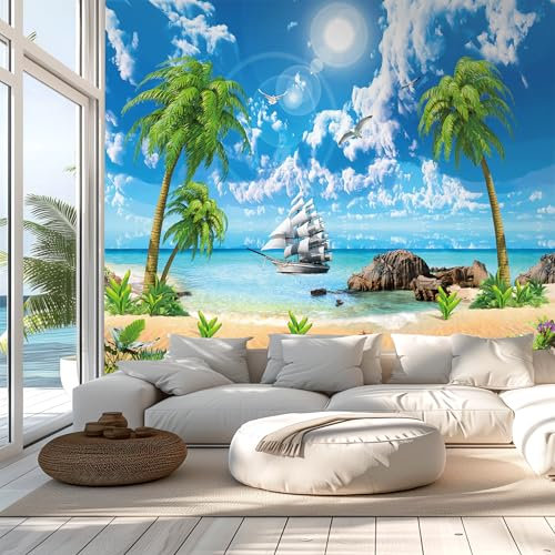 AMUGISH Ocean Beach Wallpaper Wall Mural Panel for Bathroom Bedroom Living Room Laundry Nursery | Palm Trees Sail Boats Sea Shells
